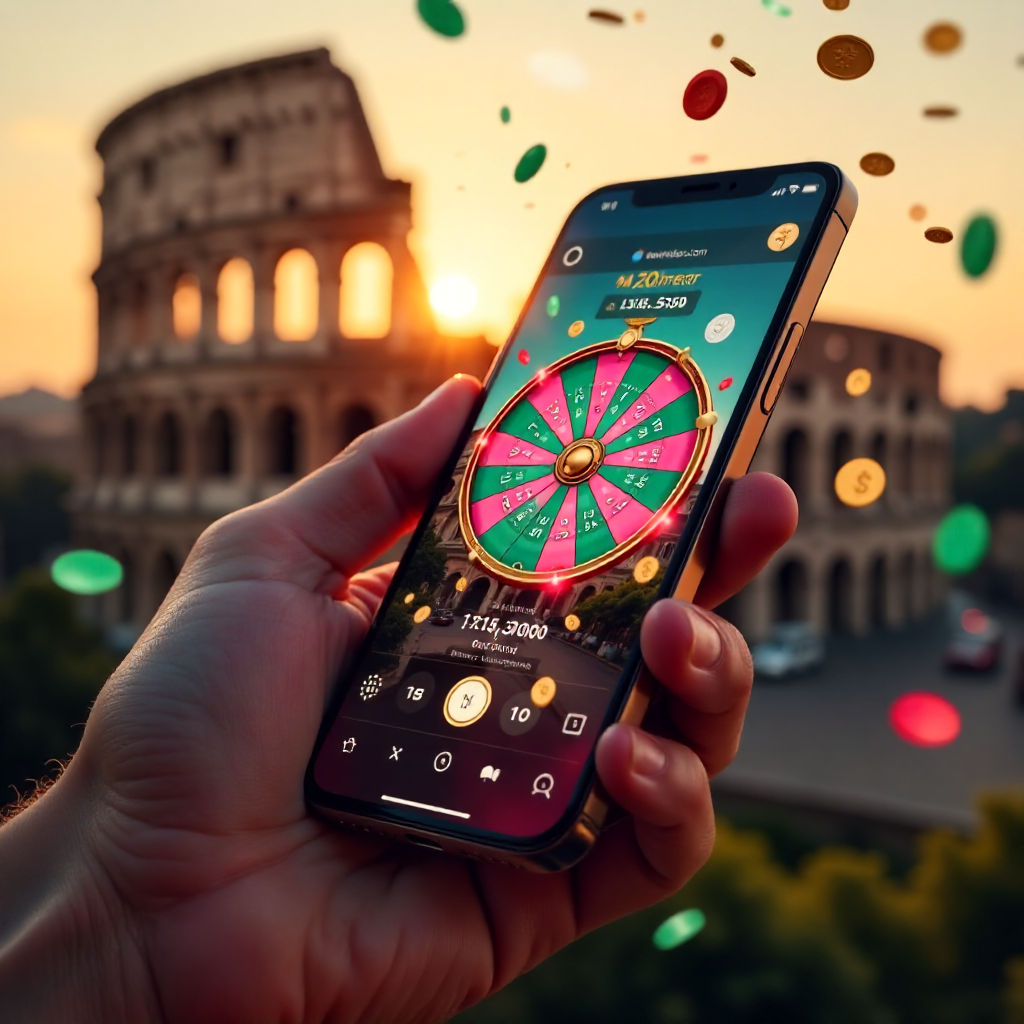 A hand holding a high-end smartphone displaying the official Crazy Time live wheel with vibrant pink and teal interface, background is the Roman Colosseum at sunset with Italian tricolor green-white-red confetti and golden coins exploding from the screen,